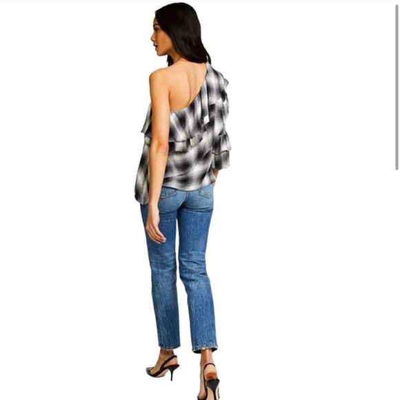 Alice + Olivia Black White Plaid One Shoulder Ruffle Top Size Med - Picture 7 of 16